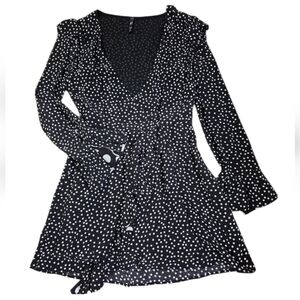 Zara NWOT Black Long Sleeve Romper Dress with White Dots